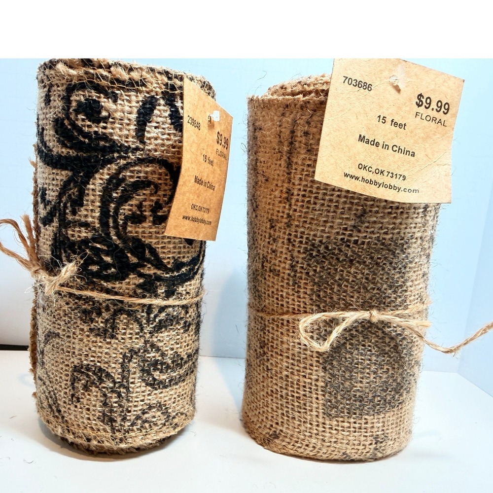 Hobby Lobby Floral Burlap Ribbon Lot 2 Rolls 6" x 15' Rustic Wreath Craft Supply